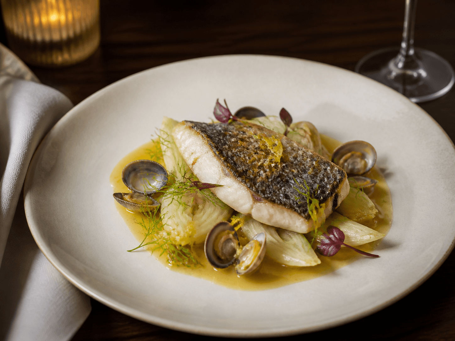 Bar sauvage, fenouil et coquillages