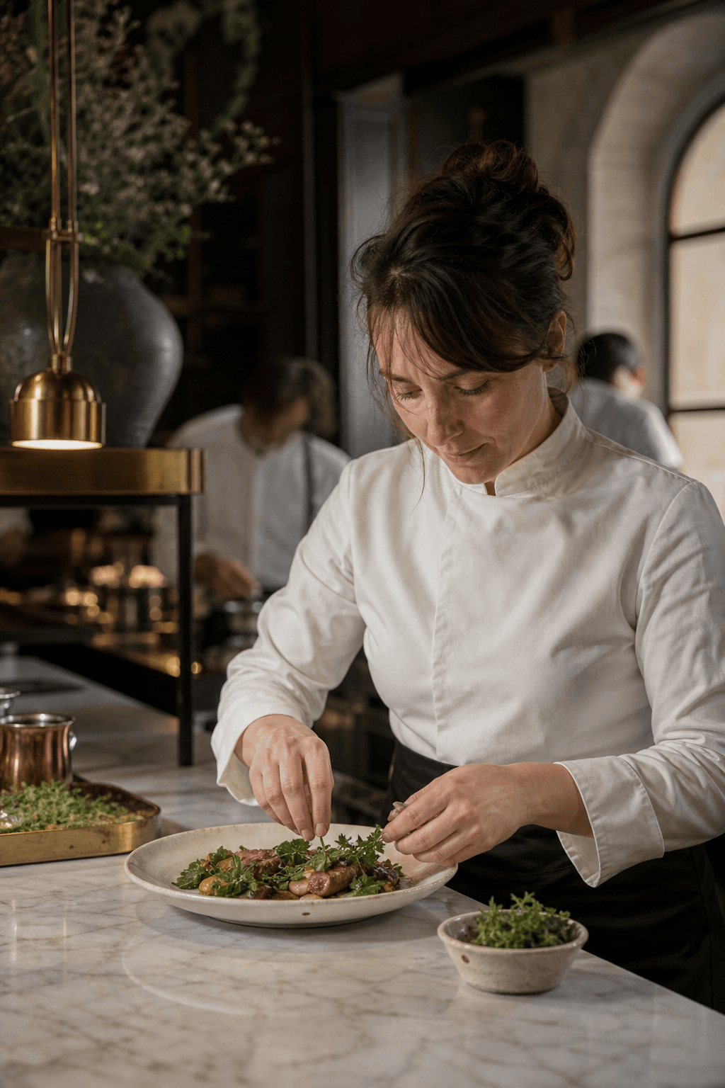 La cheffe Louise Valette dressant une assiette au passe