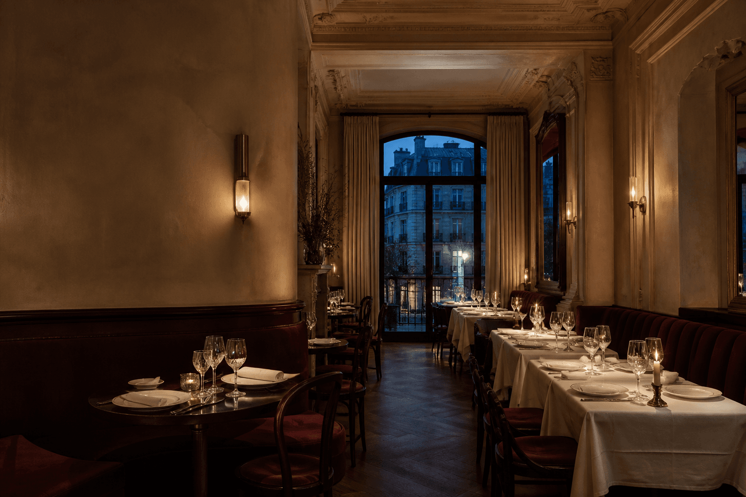 Salle élégante de Maison Églantine dressée pour le service du soir